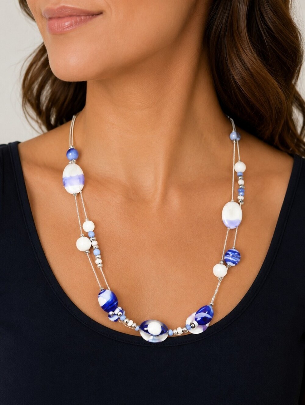 Silver Plated Blue Glass Beaded Floating Illusion Long Layered Necklace
